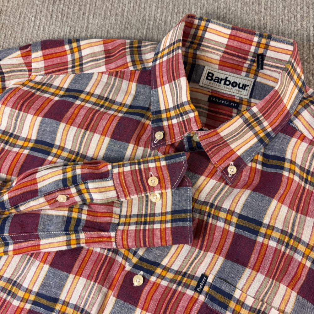 Barbour Bernard Tailored Fit Plaid Linen Button Down Shirt Mens M MSH3337RE51